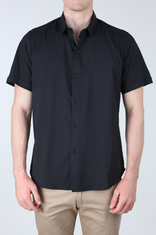 Camisa Negra Manga Corta Slim Fit Lisa Casual Para Hombre